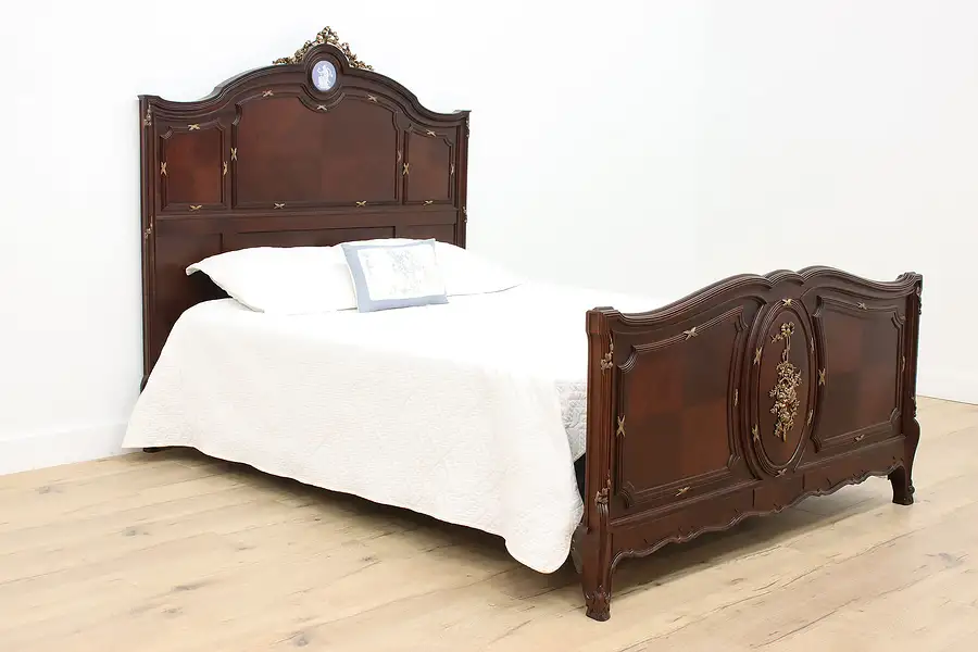 Main image of French Antique Carved Mahogany Queen Size Bed, Bronze Mounts