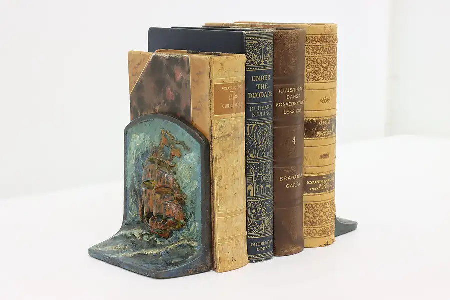 Main image of Pair of Cast Iron Antique Painted Ship Library Bookends