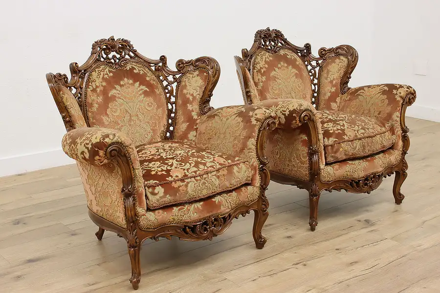 Main image of Pair of Vintage Italian Rococo Design Carved Walnut Chairs