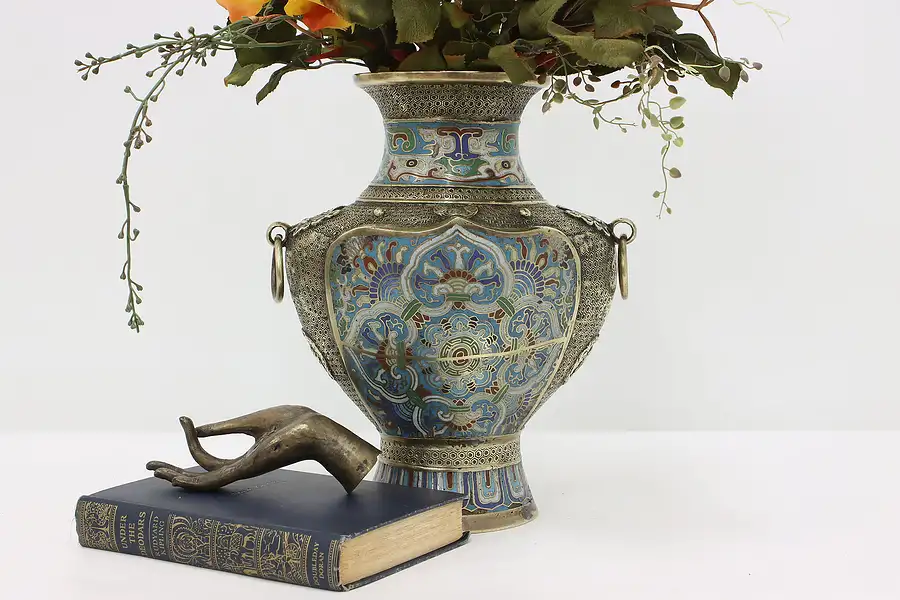 Main image of Japanese Antique Bronze & Cloisonne Enamel Vase, Foo Dogs