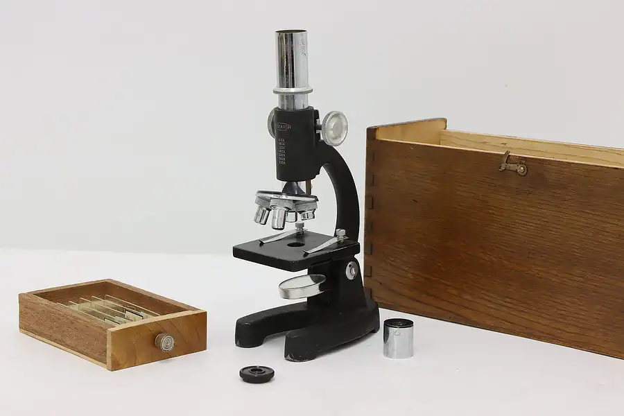 Main image of Industrial Vintage Laboratory Microscope, Case, Slides Japan