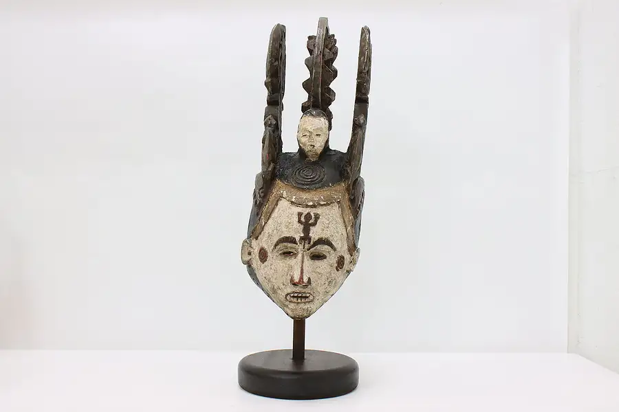 Main image of African Folk Art Vintage 3 Head Carved Painted Mask & Stand