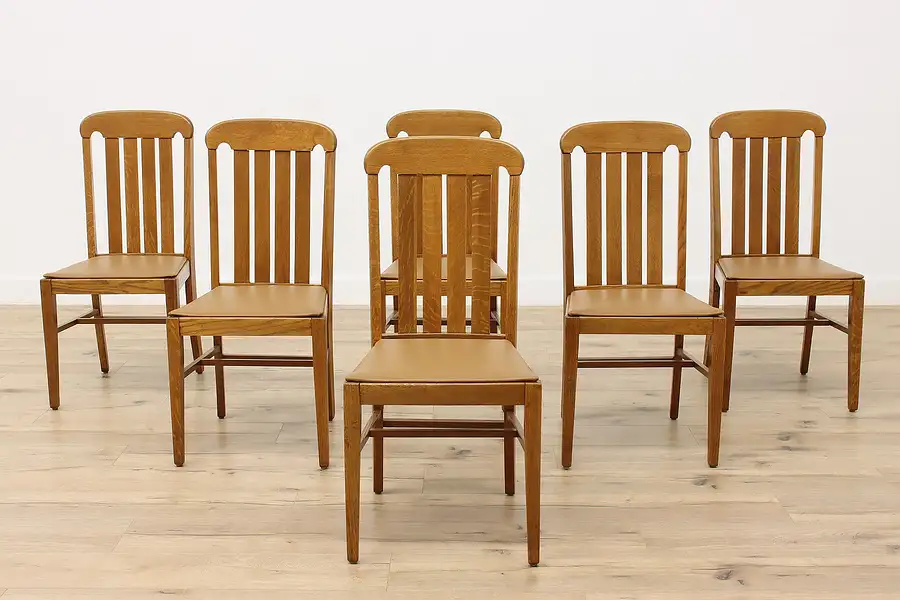 Main image of Set of 6 Oak Craftsman Antique Leather Dining Chairs Heywood