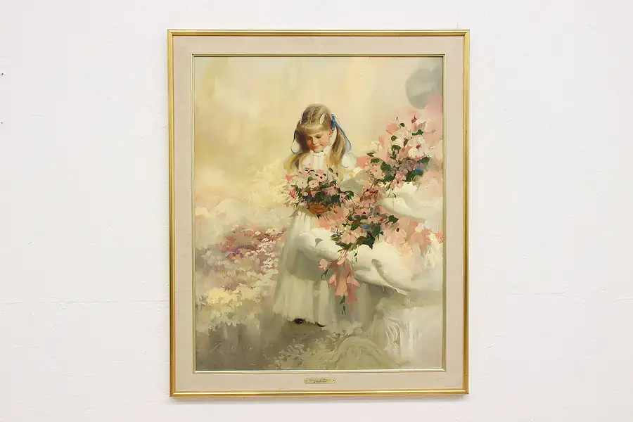 Main image of Child & Flowers Vintage Original Oil Painting Zolan 34.5"