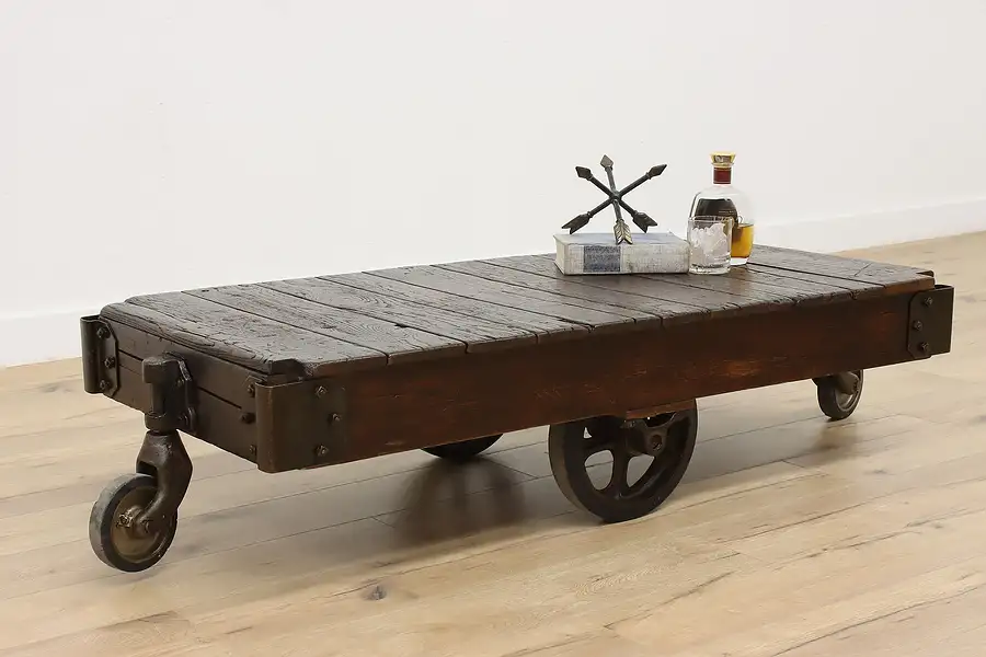 Main image of Railroad Cart Salvage Antique Industrial Oak Coffee Table