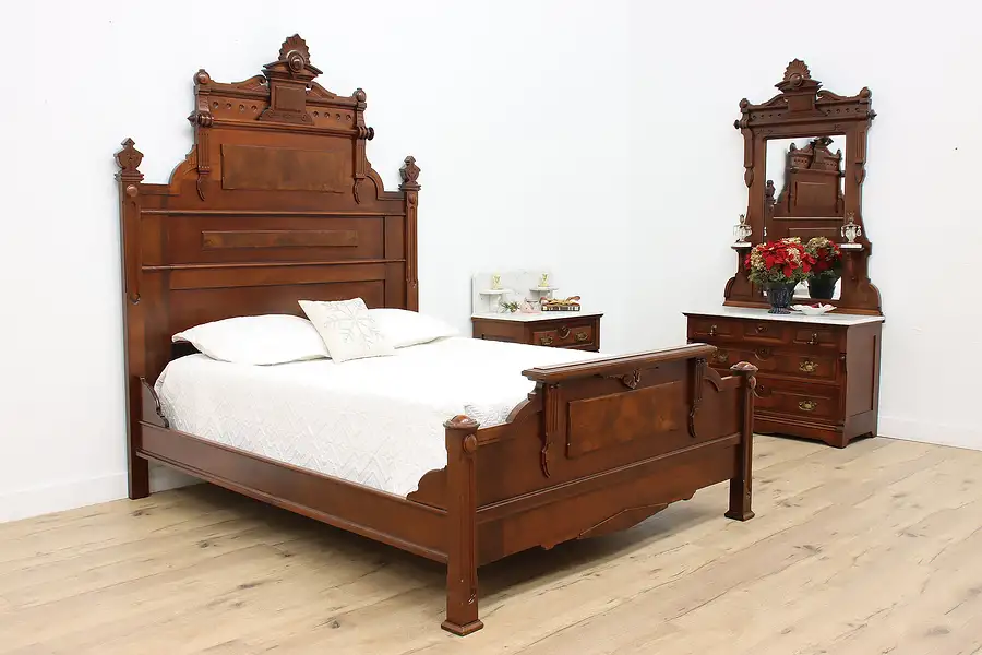 Main image of Victorian Antique Walnut 3 pc Bedroom Set Queen Bed Guernsey