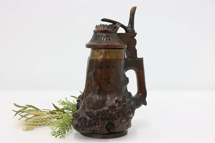 Main image of German Antique Carved Wood Folk Art Beer Stein, Rigler