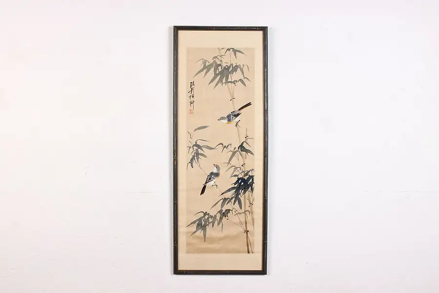 Main image of Birds & Bamboo Antique Original Chinese Silk Painting 28"