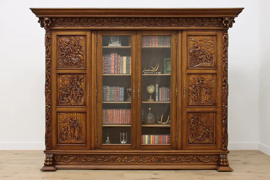 Main image of Renaissance Vintage Oak Bookcase Cabinet, Carved Scenes