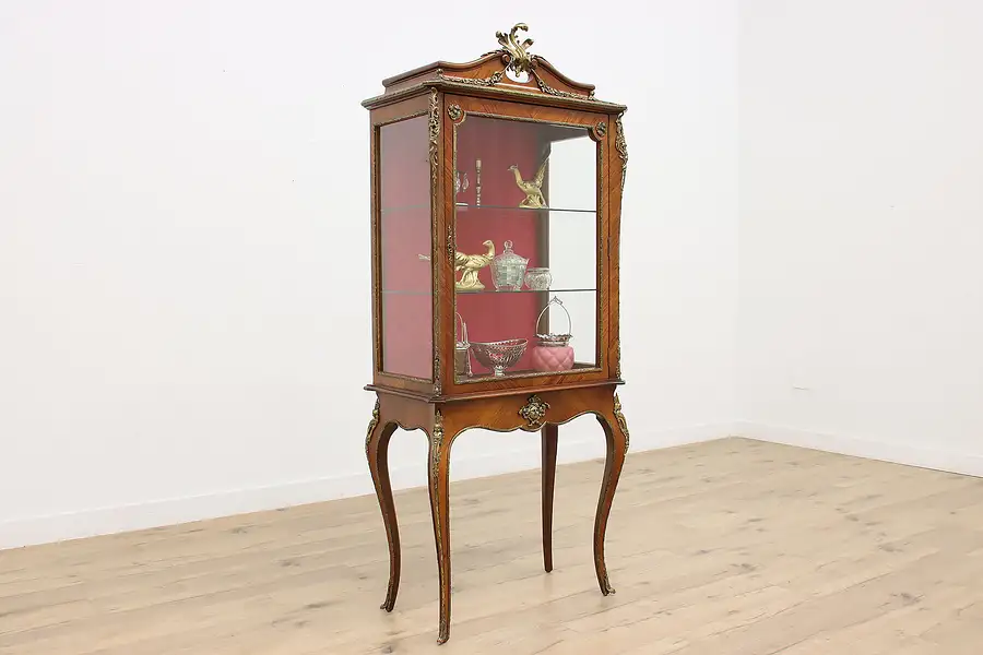 Main image of French Vintage Walnut Curio Display Cabinet, Brass Busts