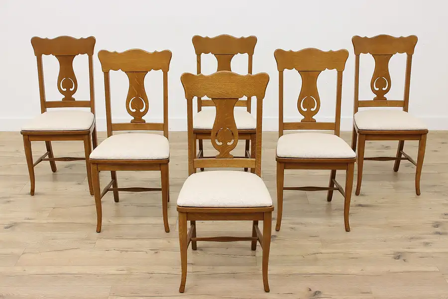 Main image of Set 6 Antique Carved Oak Dining Chairs, New Upholstery