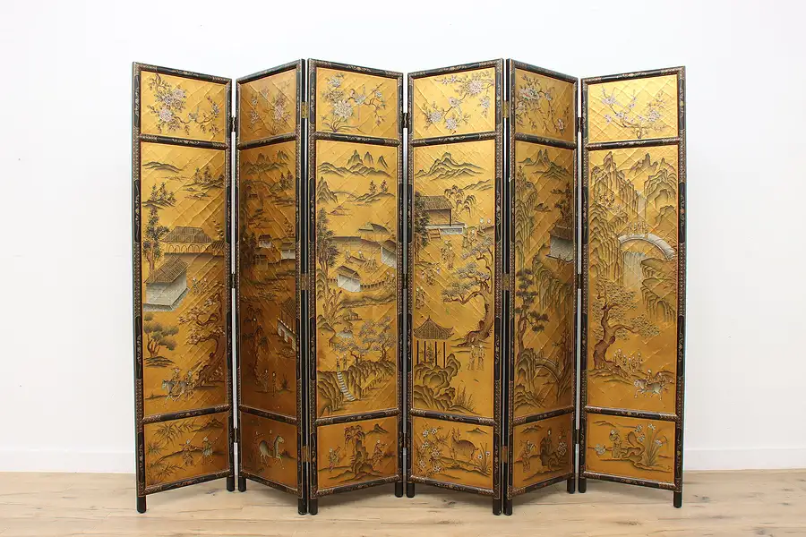 Main image of Chinese Vintage 10' Hand Painted Lacquer 6 Panel Screen