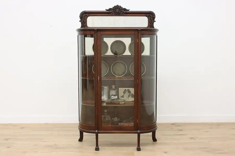 Main image of Victorian Antique Oak Curved Glass Curio or Display Cabinet