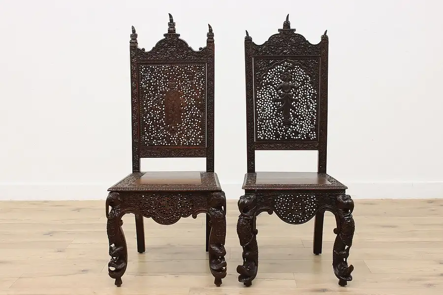 Main image of Pair of Indian Antique Rosewood Chairs Hand Carved Elephants