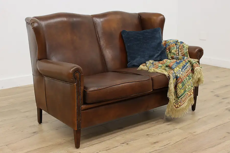 Main image of Traditional Vintage Leather Settee, Loveseat, or Small Sofa