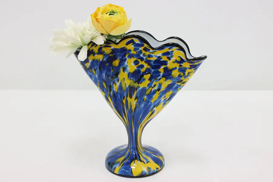 Main image of Art Deco Vintage Blue & Yellow Art Glass Flower Vase Czech