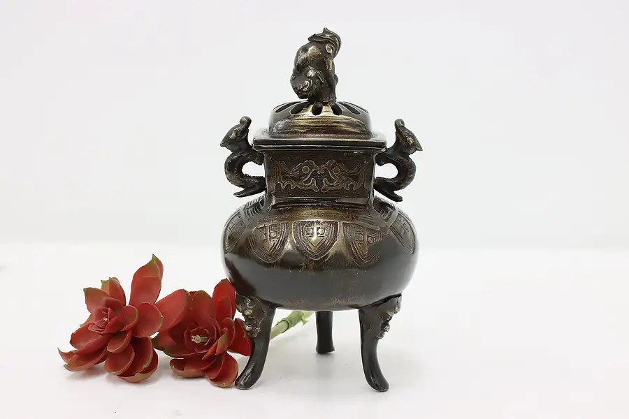 Main image of Chinese Antique Bronze Incense Burner, Foo Dog & Dragons