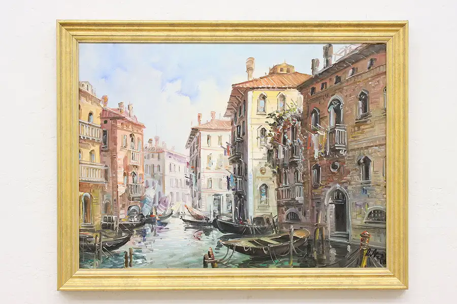 Main image of Venice with Boats Vintage Original Oil Painting Signed 30.5"