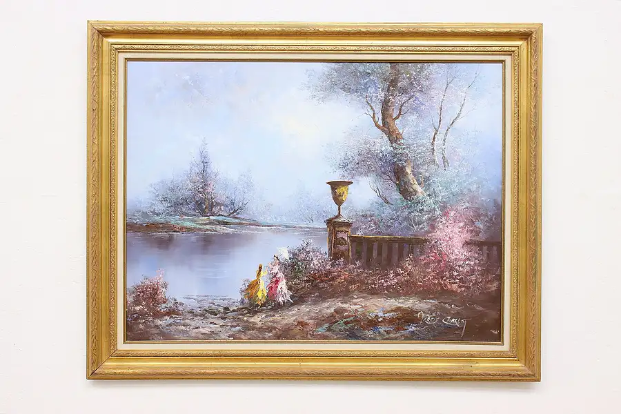 Main image of Women & Lake Scene Vintage Original Oil Painting Charles 48"