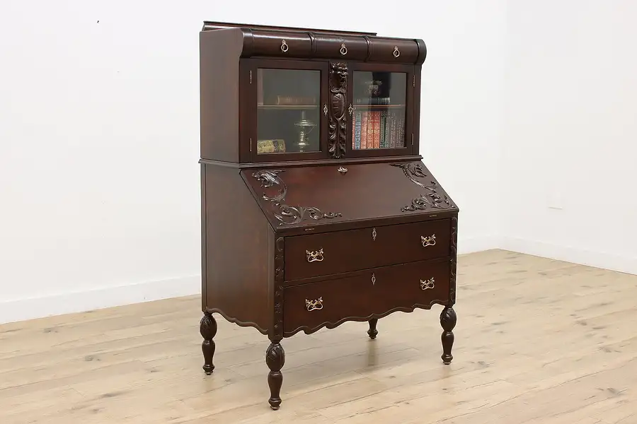 Main image of Oak Antique Office Library Secretary Desk Bookcase, Dragons