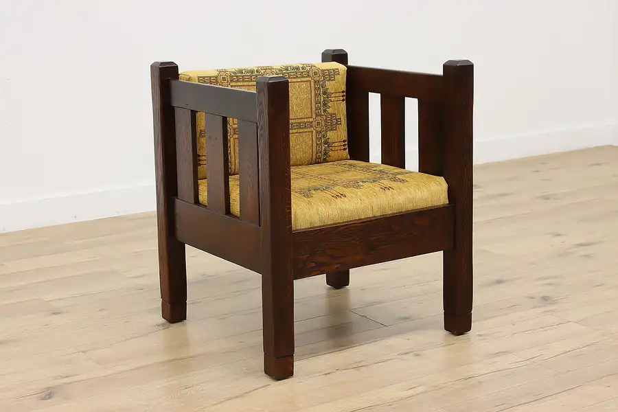 Main image of Arts & Crafts Mission Oak Antique Cube Chair, New Upholstery