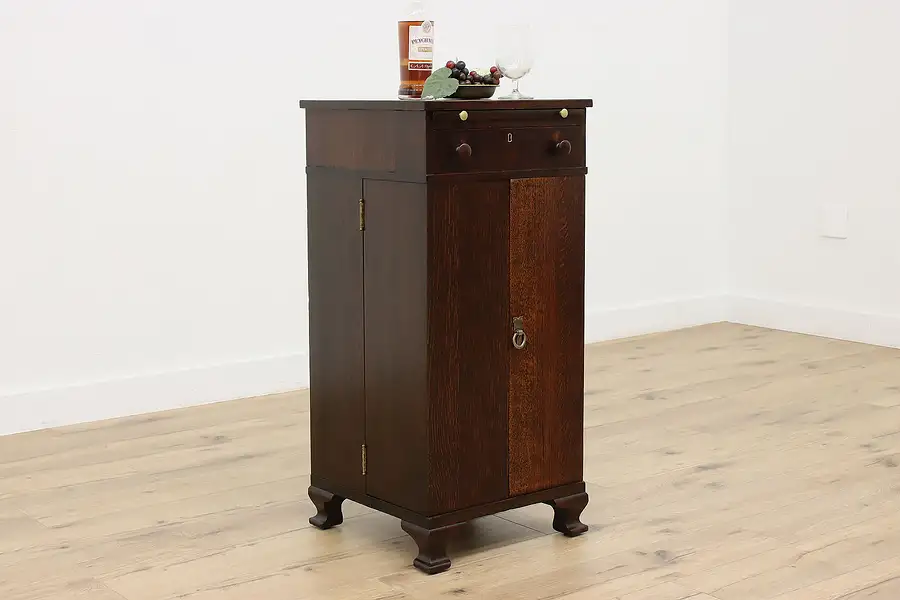 Main image of Traditional Antique Oak Chairside Bar Cabinet, Copper Tray