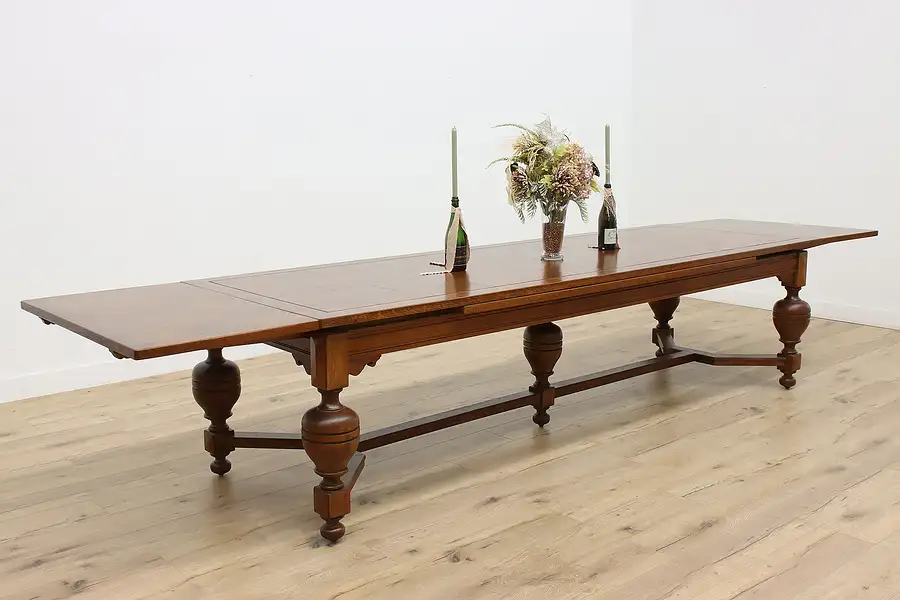 Main image of Dutch Tudor Vintage Oak Refectory Dining Table, Extends 13'