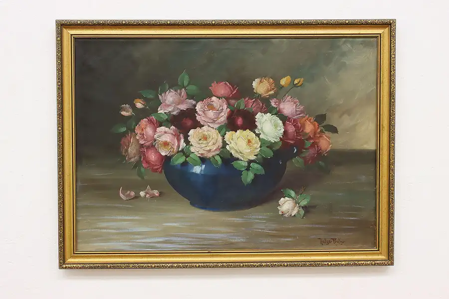 Main image of Roses Still Life Vintage Original Oil Painting, Fischer 39"