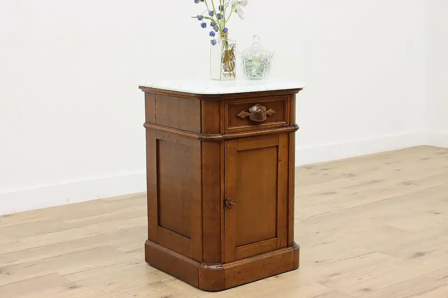 Main image of Victorian Antique Walnut Nightstand End Table Marble Top