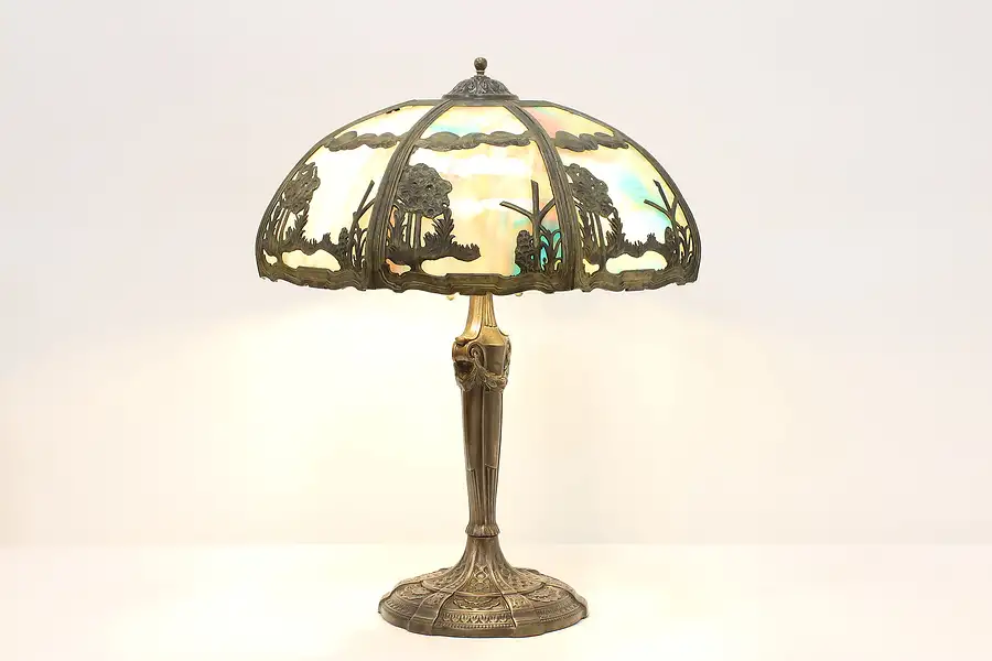 Main image of Stained Glass Shade Antique Office Desk or Table Lamp, Trees