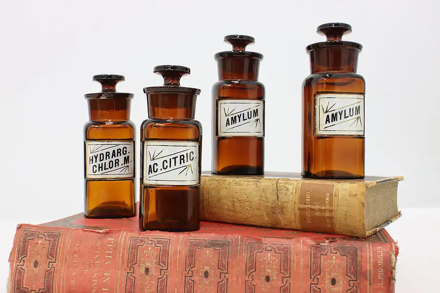 Main image of Set of 4 Antique Glass Apothecary Medicine Drug Bottles WT