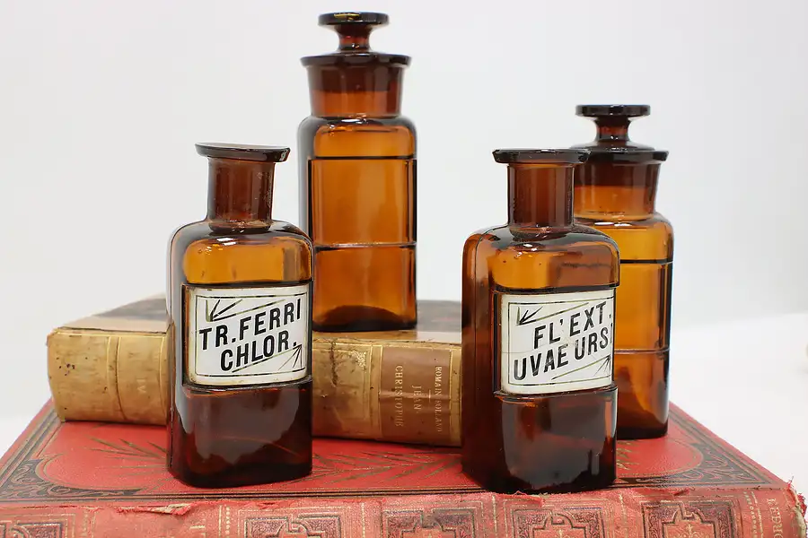 Main image of Set of 4 Antique Glass Apothecary Medicine Drug Bottles WT