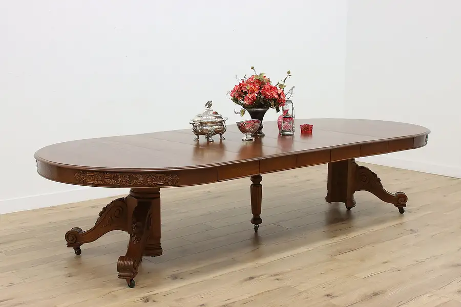 Main image of Victorian Antique 5' Round Oak Dining Table Extends 11' 8"