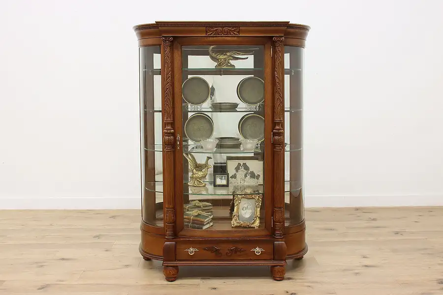 Main image of Victorian Antique Oak Curved Glass China Curio Cabinet