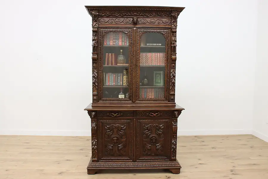 Main image of Black Forest Antique Oak Bookcase Bar Cabinet Carved Figures