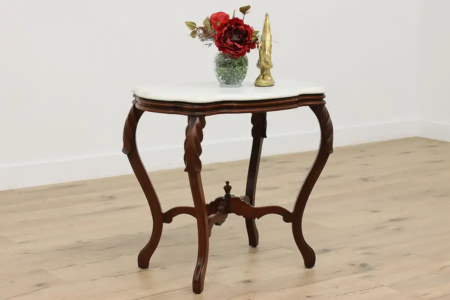 Main image of Victorian Antique Marble Turtle Top Walnut Parlor Lamp Table