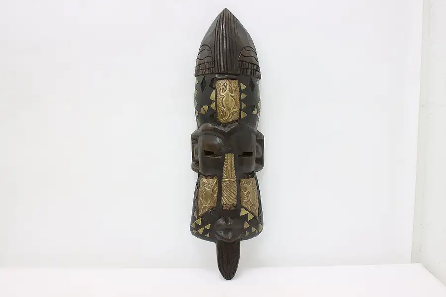 Main image of African Traditional Carved Folk Art Mask, Brass Inlay