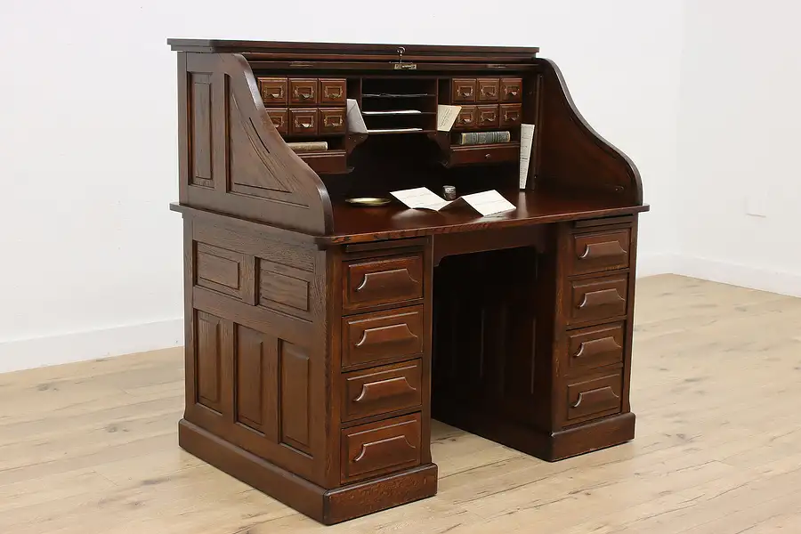 Main image of Oak Antique Roll Top Office Library Desk, Raised Panels