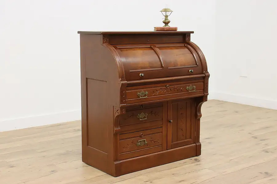 Main image of Victorian Eastlake Antique Walnut Cylinder Roll Top Desk