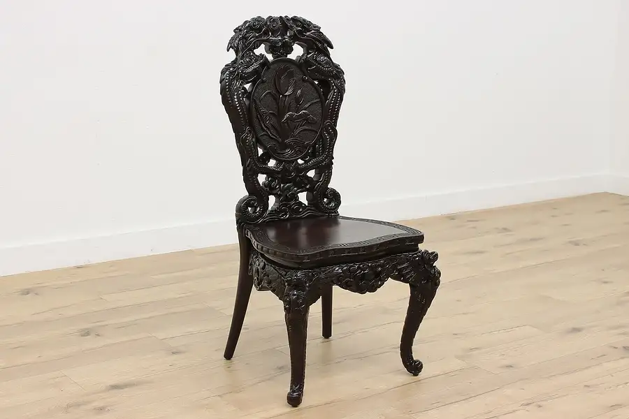 Main image of Chinese Vintage Hand Carved Mahogany Dragon Chair, Signed