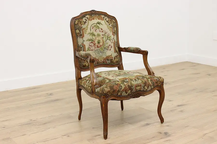 Main image of Country French Vintage Carved Chair, Floral Needlepoint