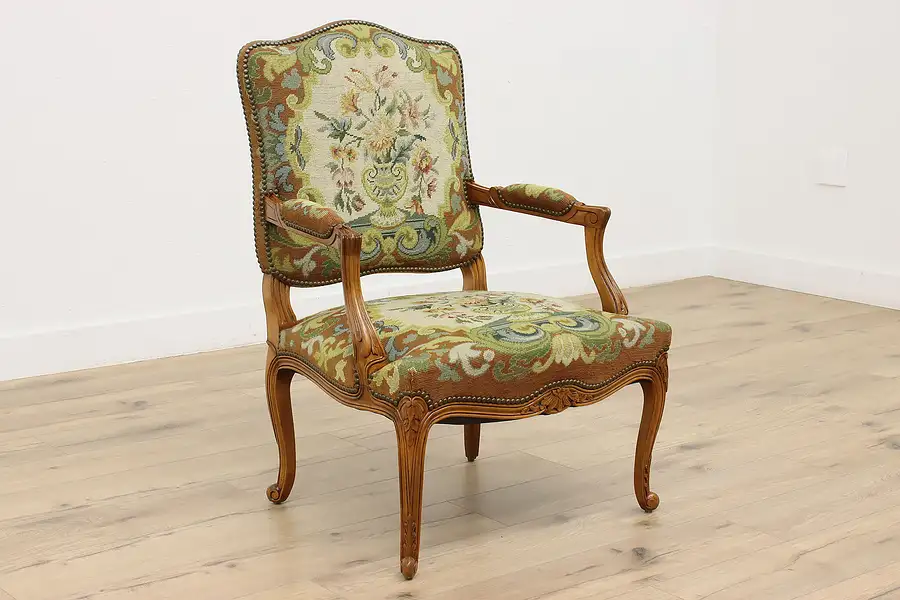 Main image of Country French Vintage Carved Chair, Needlepoint Upholstery