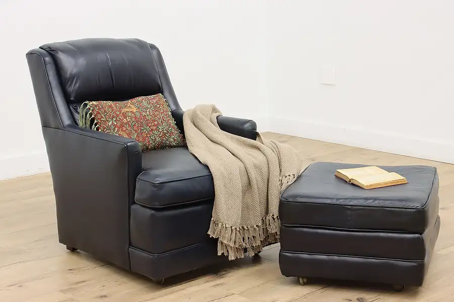 Main image of Traditional Vintage Blue Leather Chair & Ottoman, Emerson