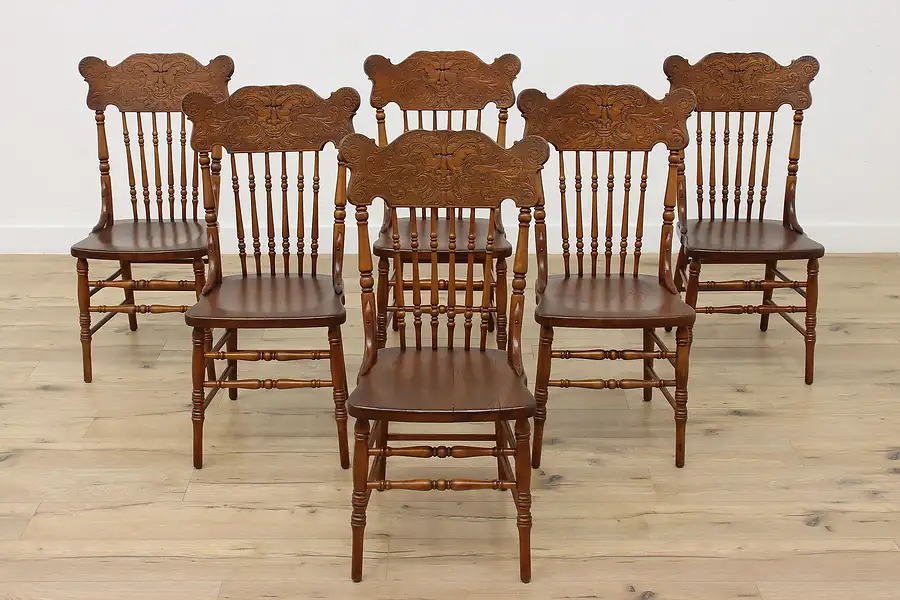 Main image of Set of 6 Victorian Antique Pressback Birch Dining Chairs