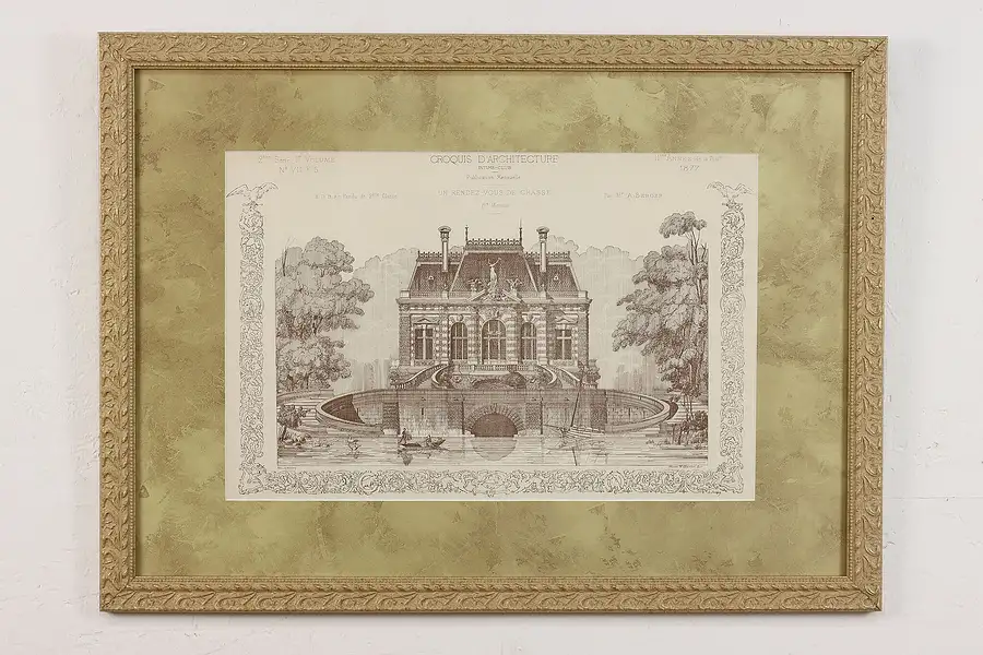 Main image of French Hunting Lodge Antique Original Engraving 30.5"