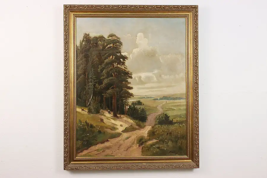 Main image of Forest Road Antique Original Russian Oil Painting Signed 40"