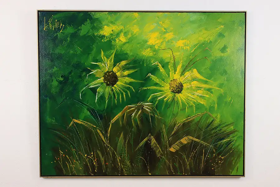 Main image of Summer Sunflowers Vintage Original Oil Painting Reynolds 61"