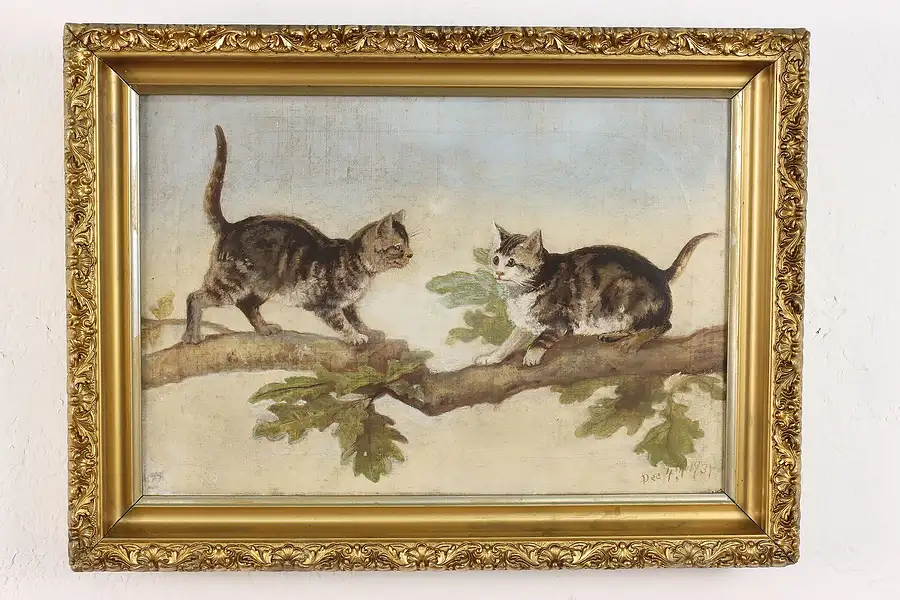 Main image of Pair of Kittens Playing Antique Original Oil Painting 19.5"