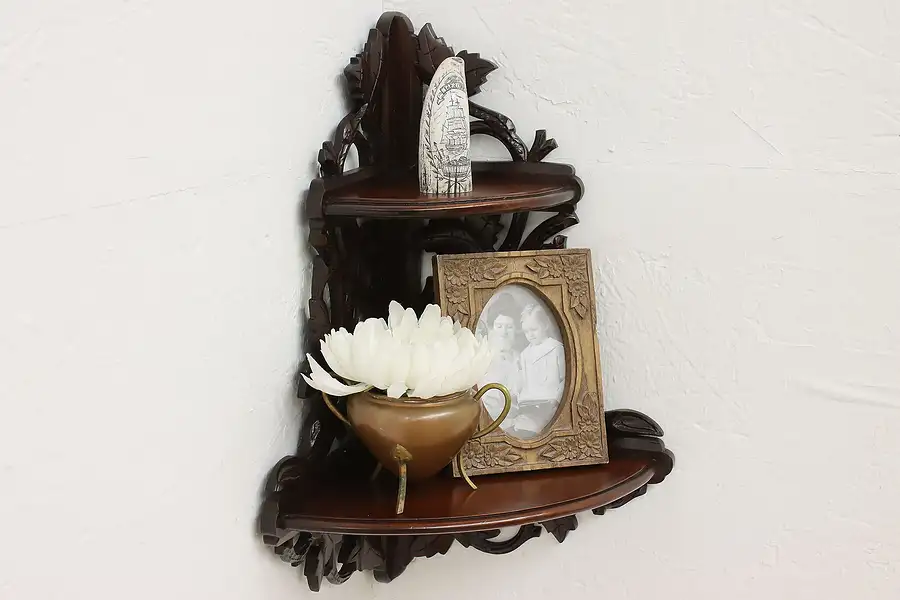 Main image of Black Forest Antique Hand Carved Walnut Corner Shelf, Leaves