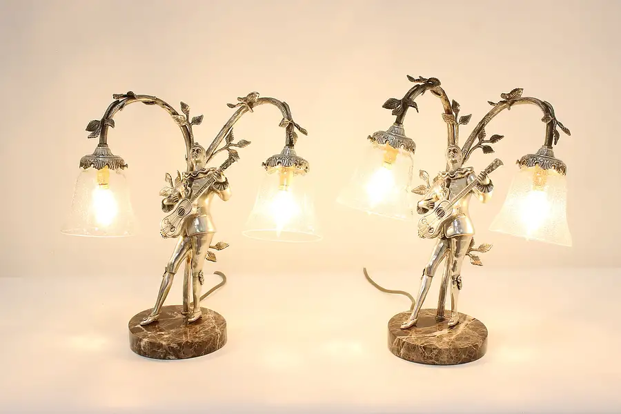 Main image of Pair Art Deco Vintage Nickel Clown Figure Table Lamps